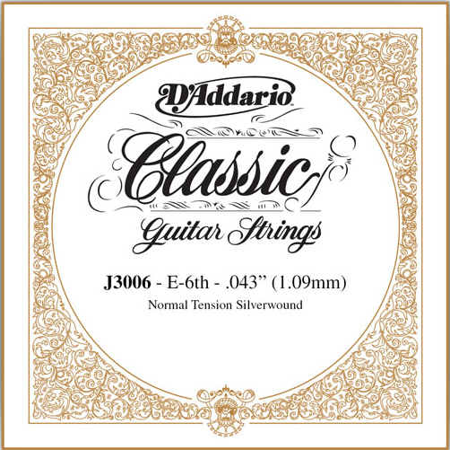 D'Addario Classical Guitar Single Strings - Classics Basses J3006 Single Silver Wound 043/J30 6th Normal Tension