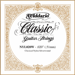 D'Addario Classical Guitar Single Strings - Classics Basses NYL020W Single Silver Wound 020