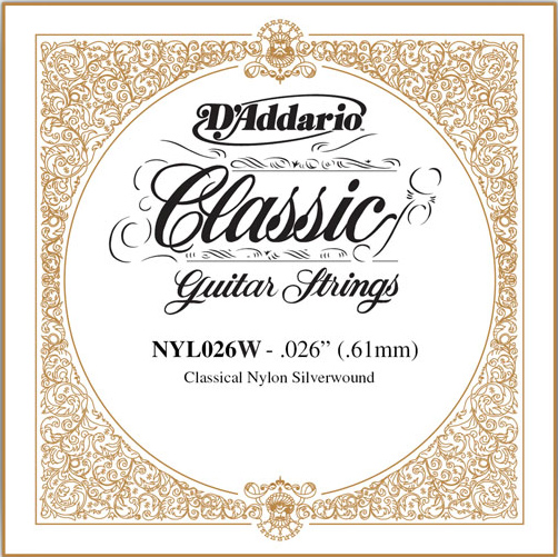 D'Addario Classical Guitar Single Strings - Classics Basses NYL026W Single Silver Wound 026