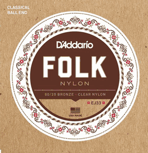 D'Addario EJ Ball End Nylon Folk Guitar Strings, Normal Tension EJ33 Clear 80 20 Bronze
