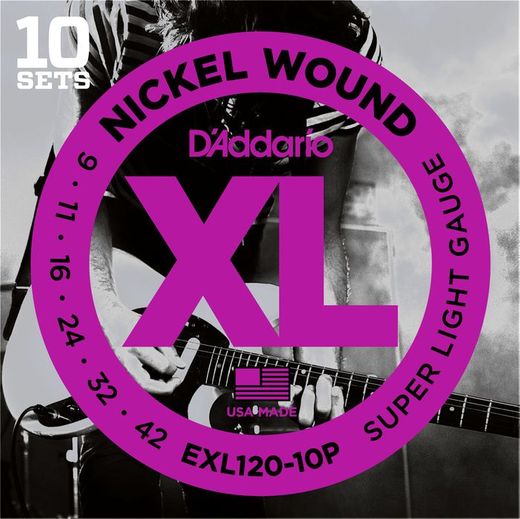 D'Addario 10 Pack EXL Electric Guitar Strings EXL120-10P Super Light 9-42