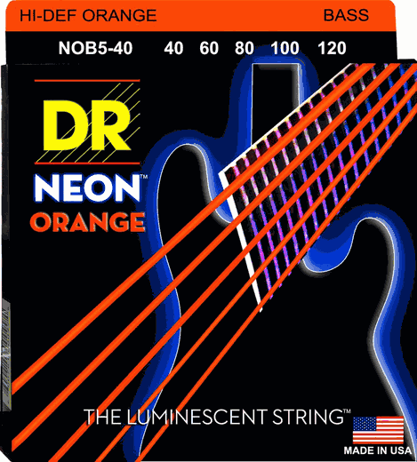 DR Hi-Def Neon Orange K3 Coated Electric Bass Strings NOB5-40 Lite 5s 40-120