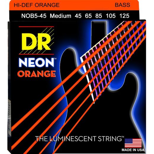 DR Hi-Def Neon Orange K3 Coated Electric Bass Strings NOB5-45 Med 5s 45-125