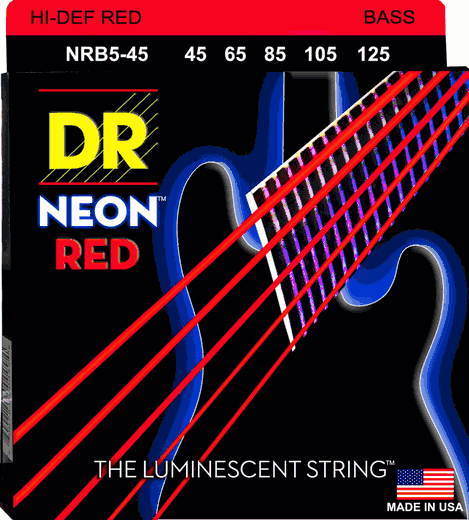 DR Hi-Def Neon Red K3 Coated Nickel Plated Bass Guitar Strings NRB5-45 5 String 45-125 Med