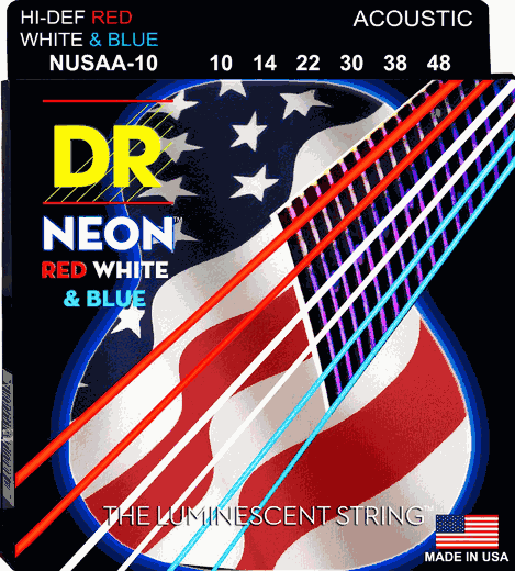 DR Hi-Def Neon Red White & Blue K3 Coated Acoustic Guitar Strings
