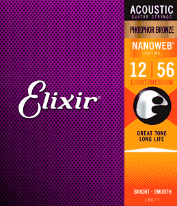Elixir 16077 Phosphor Bronze Nanoweb Coated Acoustic Guitar Strings Light-Medium 12-56