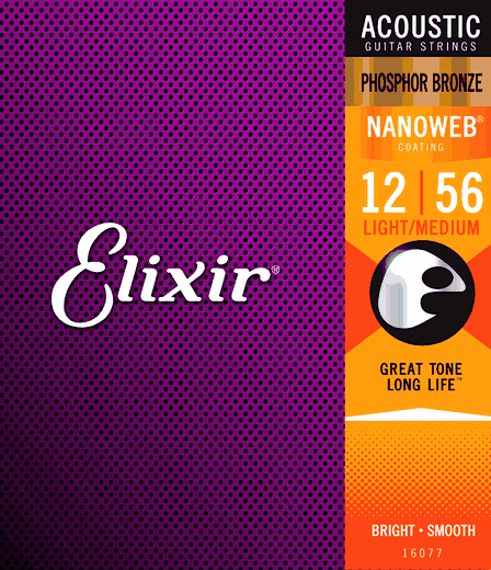 Elixir 16077 Phosphor Bronze Nanoweb Coated Acoustic Guitar Strings Light-Medium 12-56