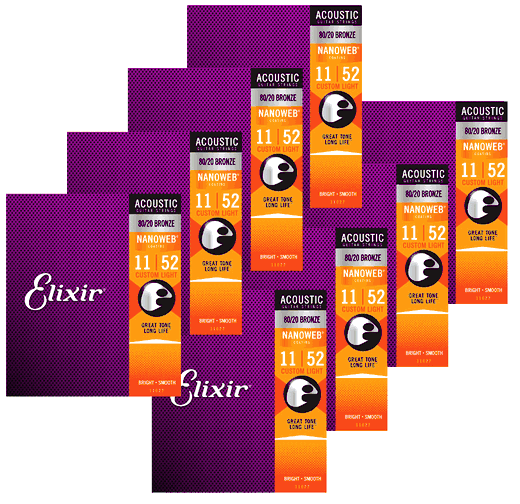 Elixir 8 Pack Anti-Rust 80/20 Nanoweb Coated Acoustic Guitar Strings 11027-8P Custom Light 11-52