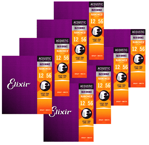 Elixir 8 Pack Anti-Rust 80/20 Nanoweb Coated Acoustic Guitar Strings 11077-8P Light Medium 12-56