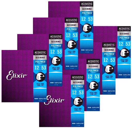 Elixir 8 Pack Anti-Rust 80/20 Polyweb Coated Acoustic Guitar Strings 11050-8P Light 12-53