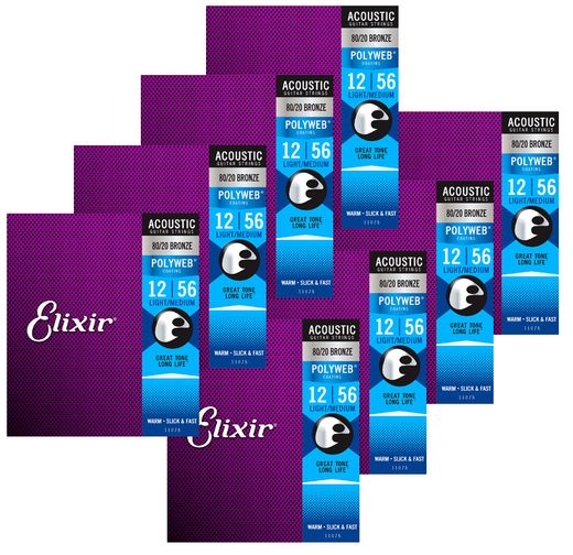 Elixir 8 Pack Anti-Rust 80/20 Polyweb Coated Acoustic Guitar Strings 11075-8P Light Medium 12-56