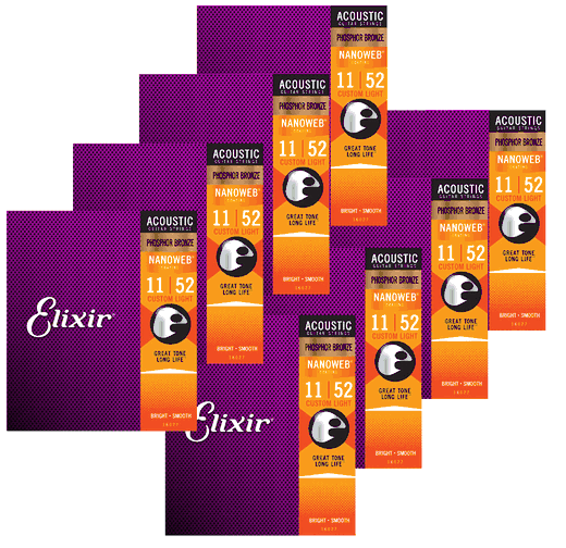 Elixir 8 Pack Anti-Rust Phosphor Bronze Nanoweb Coated Acoustic Guitar Strings 16027-8P Custom Light 11-52