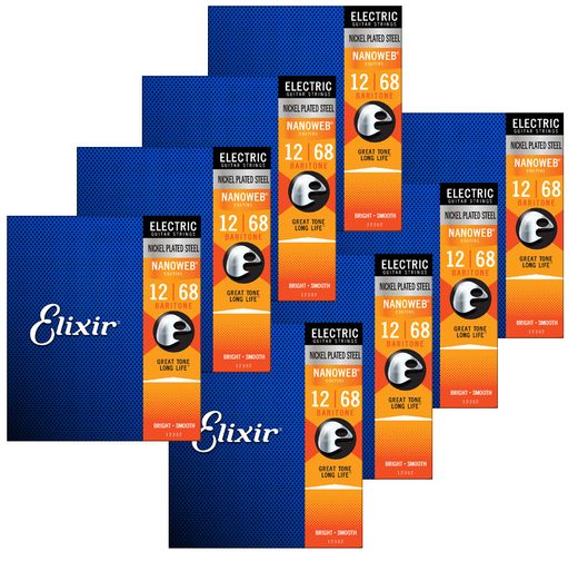Elixir Anti-Rust 8 Pack Nanoweb Coated Electric Guitar Strings 12302-8P Baritone 12-68
