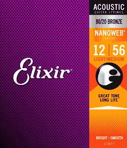 Elixir Nanoweb Coated 80/20 Bronze Acoustic Guitar Strings 11077 Light Medium 12-56
