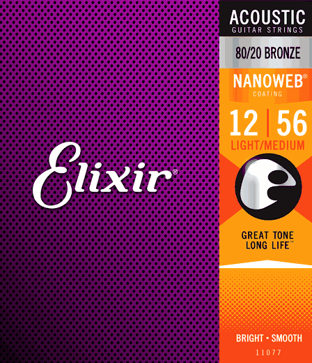 Elixir Nanoweb Coated 80/20 Bronze Acoustic Guitar Strings 11077 Light Medium 12-56