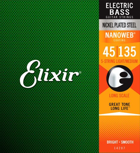 Elixir Nanoweb Coated Long Scale 5-String Bass Strings Light Medium 45-135