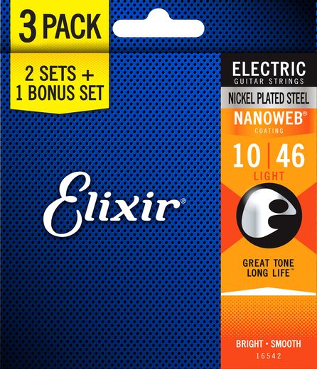 Elixir Nanoweb Electric Guitar Strings Bonus Pack - 3 Sets for the Price of 2! 16542 Light 10-46