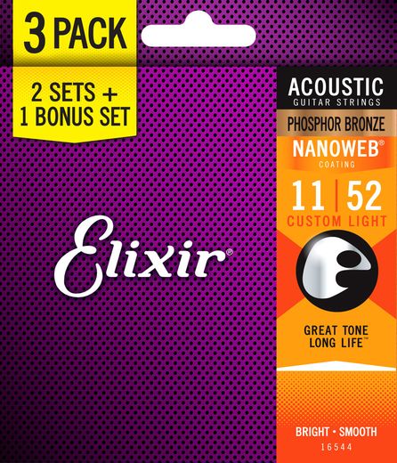 Elixir Phosphor Bronze Nanoweb Acoustic Guitar Strings Bonus Pack - 3 Sets for the Price of 2! 16544 Custom Light 11-52