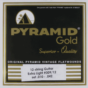 Pyramid Gold Chrome Pure Nickel Flat Wound Round Core 12 String Electric Guitar Strings R309-12 Extra Light 10-42