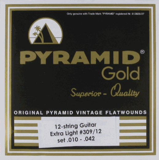 Pyramid Gold Chrome Pure Nickel Flat Wound Round Core 12 String Electric Guitar Strings R309-12 Extra Light 10-42