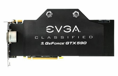 03G-P3-1599-RX EVGA Geforce GTX 590 Classified Hydro Copper 3GB 768-Bit GDDR5 PCI Express 2.0 3x DVI/ Mini-Display Port/ Ready SLI Support Video Graphics Card