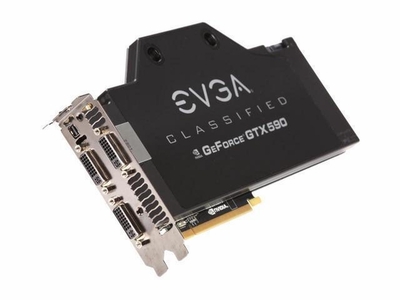 03G-P3-1599-TR EVGA GeForce GTX 590 Classified Hydro Copper 3072MB GDDR5 PCI Express 2.0 3x DVI/ Mini-Display Port/ Ready SLI Support Video Graphics Card