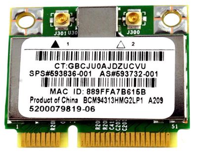 593732-001 HP Broadcom 4313AGN Mini PCI-Express 802.11a/b/g/n Wireless LAN (WLAN) Network Interface Card