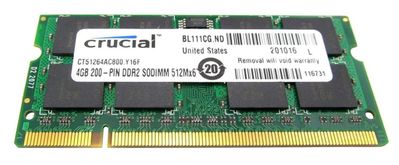 CT51264AC800 Crucial 4GB PC2-6400 DDR2-800MHz non-ECC Unbuffered CL6 200-Pin SoDimm Dual Rank Memory Module