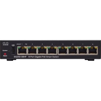 SG250-08HP-K9-NA Cisco SG250-08HP 8-Port Gigabit PoE Smart Switch 8 x Gigabit Ethernet Network Manageable Twisted Pair 2 Layer Supported Rack-mountable Lifetime Limited Warranty