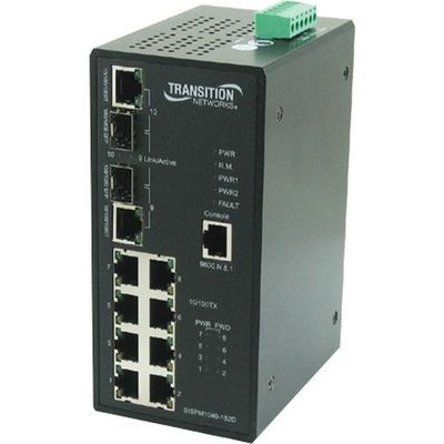 SISPM1040-182D-LRTPA Transition 8x 10/100Base-TX (RJ-45) to 2x 10/100/1000Base-T (RJ-45) or 2x 100/1000Base-X SFP Combo Ports Fast Ethernet Switch