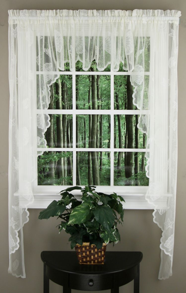 Seashells Lace 63"L Swag Pair Ivory Jabot & Swag Kitchen Curtains