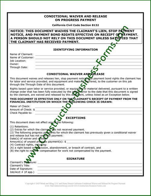 California Conditional Waiver and Release On Progress Payment