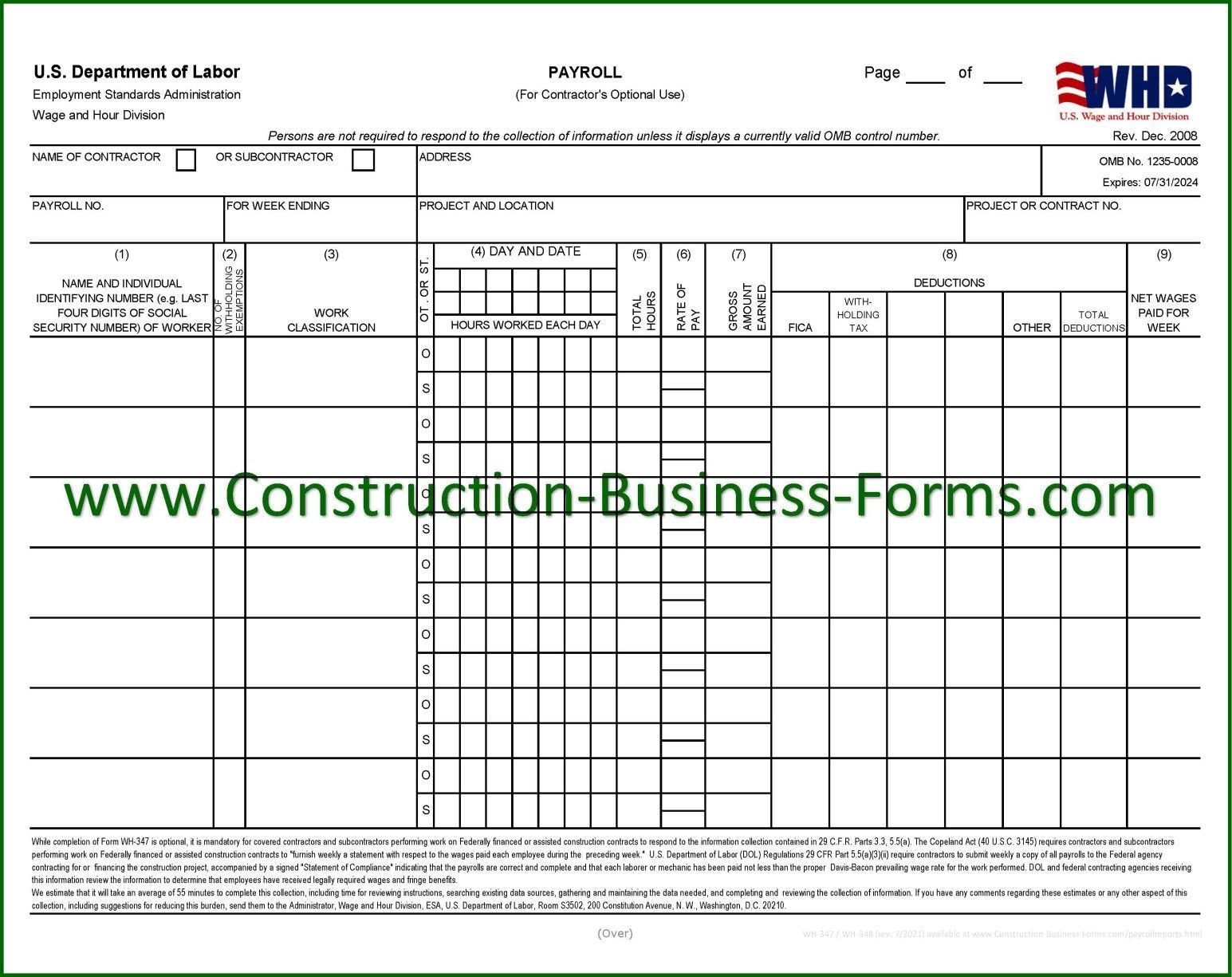Wh 347 348 federal certified payroll report fillable excel format