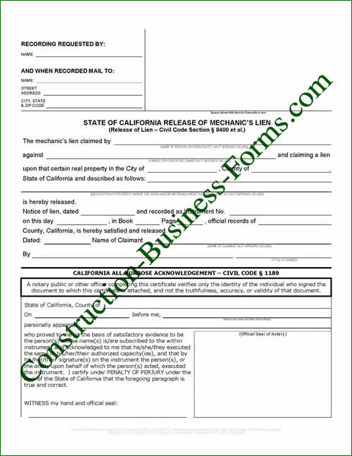 California Mechanic's Lien Release Form