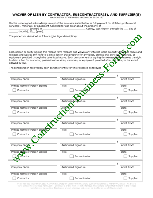 Washington State Construction Lien Waiver Release Form