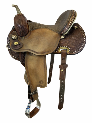 SOLD 2025/07/03e  14 Inch Used Circle Y Lisa Lockhart Badlands Barrel Saddle 1549