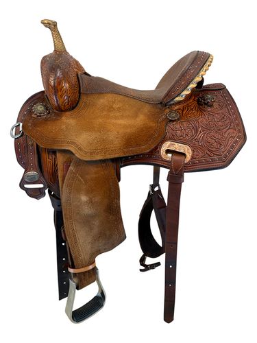 SOLD 2026/01/30j  15 Inch Used Circle Y MJ Ultimate Revolution Barrel Saddle Wide Flex Tree 1185