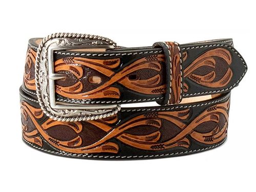 Ariat Mens Belt 1 1/2inch Hand Tooled Scrolling Black Brown A10433107