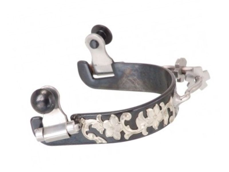 Black Steel Ladies Bumper Spurs with Engraved Floral Silver Overlay