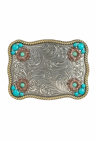 Blazin Roxx Ladies Rectangle Buckle Flower Accent Turquoise Stones 37929
