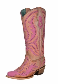 Corral Womens Pink Fluorescent Embroidery and Studs Boots C3970 SAVE $34 CLEARANCE