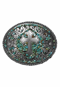 M&F Oval Silver Buckle with Turquoise Accents 37914