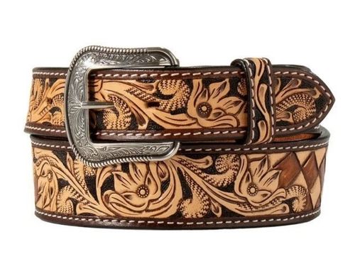 Men�s 3D Hand Tooled Floral Checkered Pattern Belt D100018608