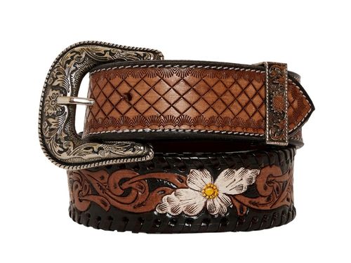Myra Ladies Checkered Brown Hand-Tooled Belt S-4059