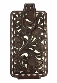 Nocona Dark Chocolate Floral Tooled Phone Case with White Leather Inlays 0689492