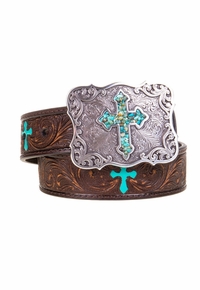 Nocona Girls Belt Scroll Embossed Turquoise Cross Brown N4438802 ZDS