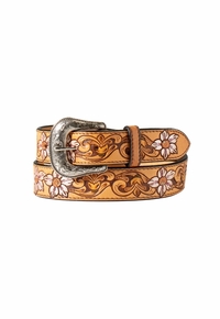 Nocona Ladies Belt Metallic Flowers Hand Tooled Tan N320005208