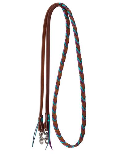 Rafter T Barrel Rein 5/8in Harness Leather w/Purple and Turquoise Plait RN221