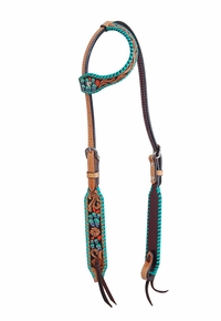 Rafter T One Ear Headstall w Cactus Turquoise Whipstitch SE3693