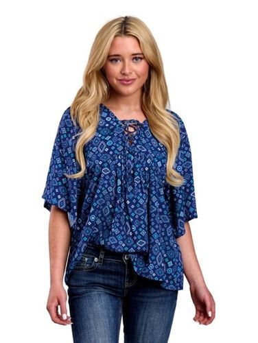 Roper Womens Blue Aztec Peasant Blouse Shirt 051-0590-2049